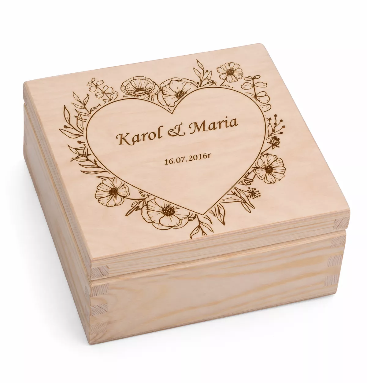 Drewniane pudełko ślubne z grawerem – personalizowane, 16 × 16 cm
